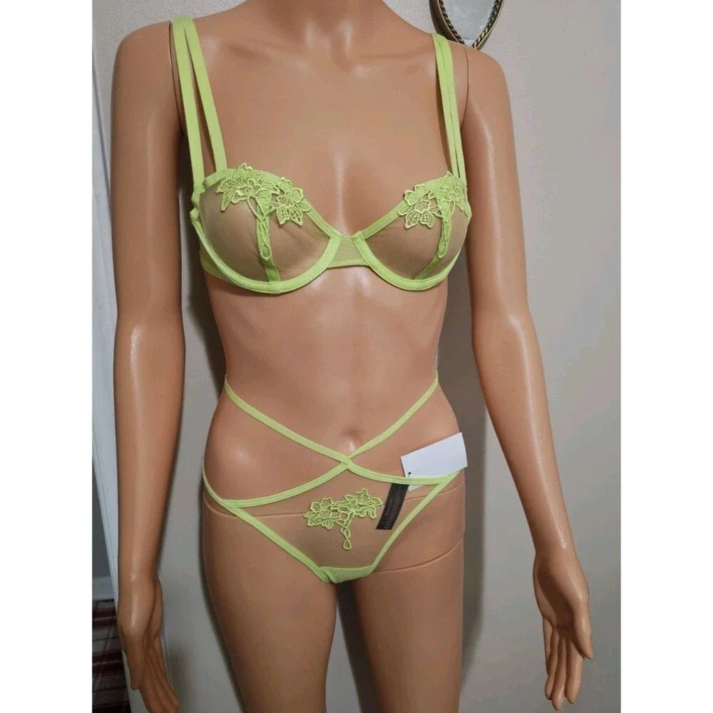 Love Vera Lingerie Set Acid Lime Embroidered Mesh Bra 32A & Strappy Thong S NEW